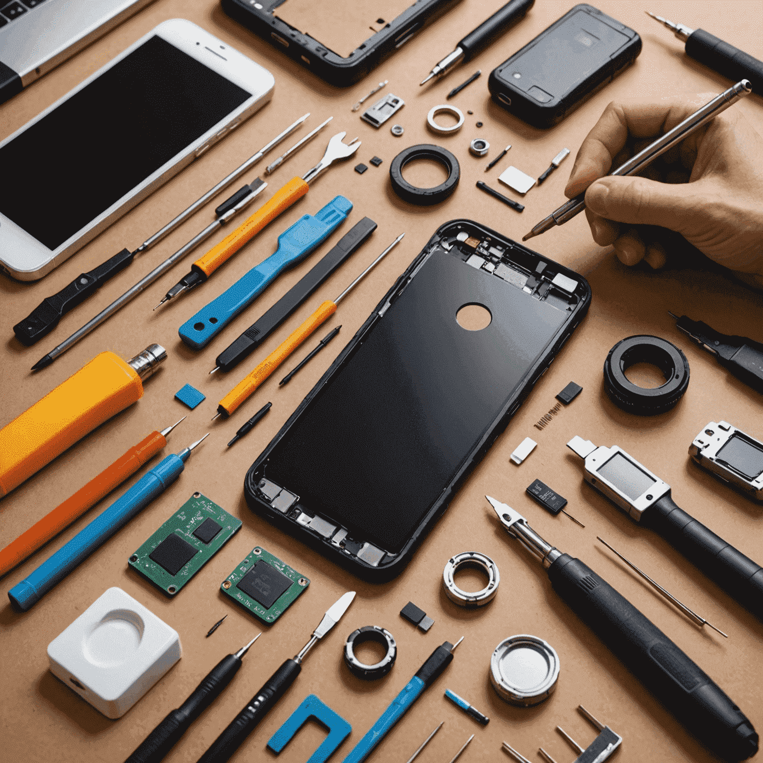 Various smartphone repair tools and techniques, including waterproofing materials and flexible screen components