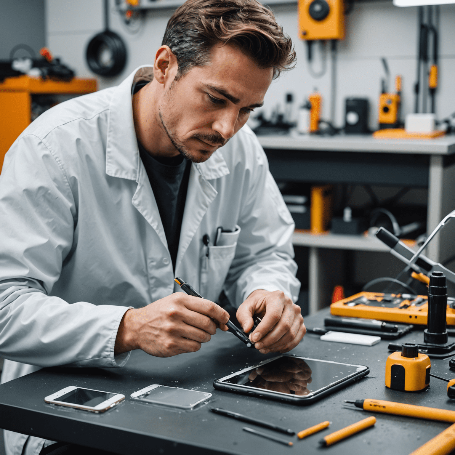 A technician using advanced tools to repair a modern smartphone, focusing on waterproofing and flexible screen repair techniques