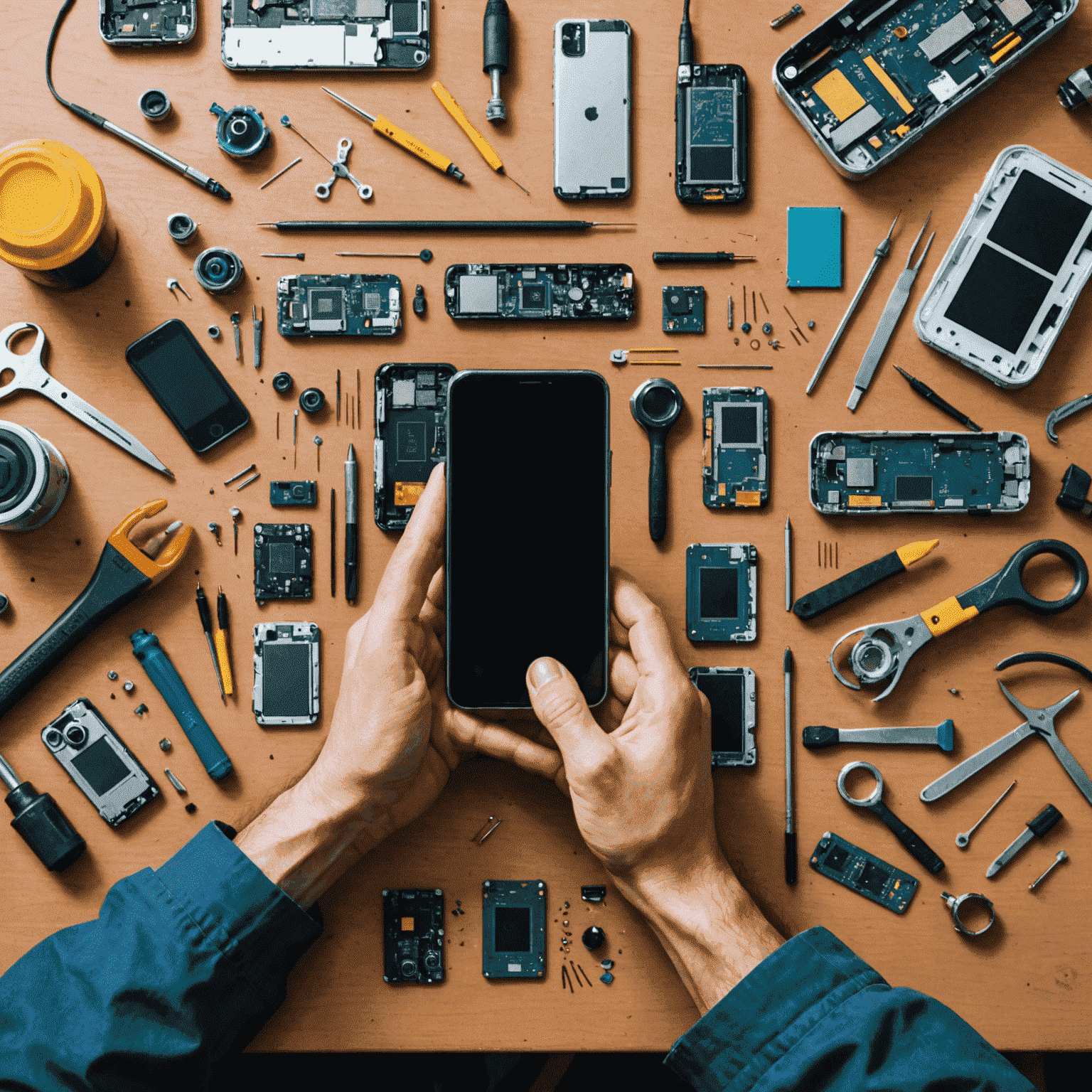 A person attempting to repair a smartphone, with tools and components spread out on a workbench. The image shows both the complexity of modern phones and the determination of a DIY repairer.