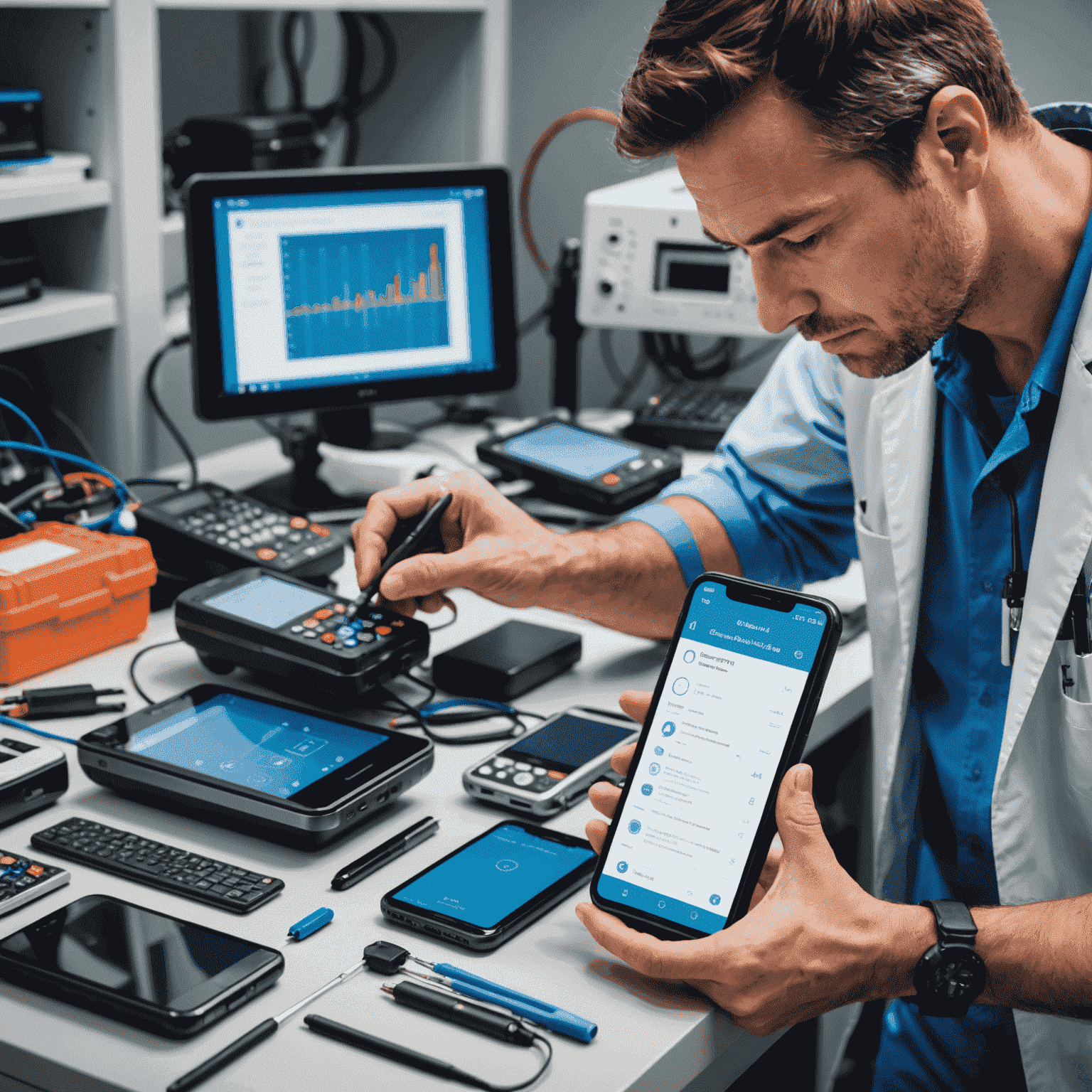 A technician using advanced diagnostic tools to analyze a smartphone, with various phone models in the background