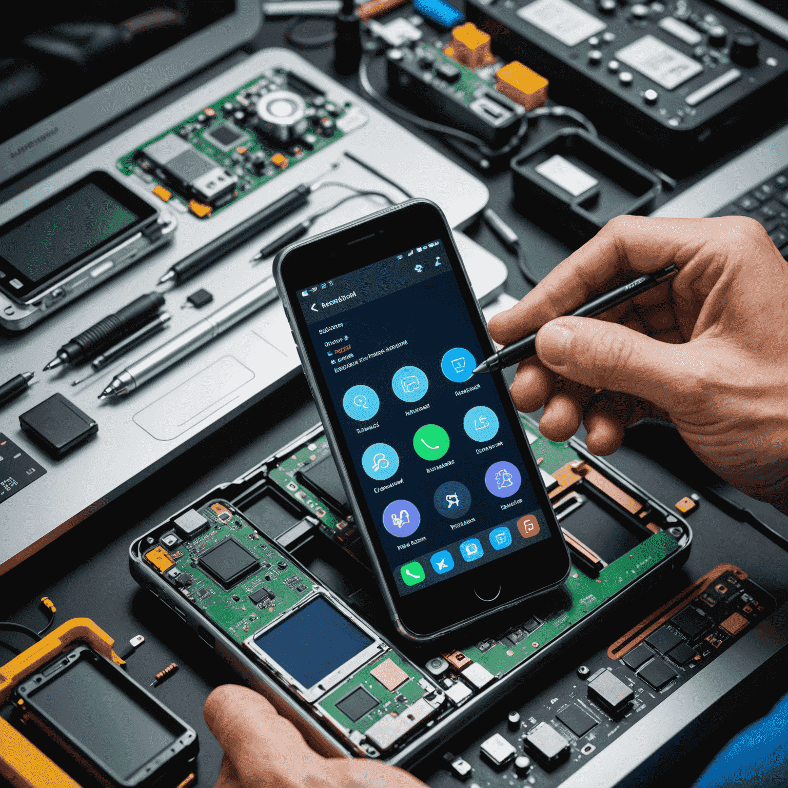 A technician using advanced diagnostic tools to analyze a smartphone. The image shows various components of the phone being examined on a high-tech display screen.