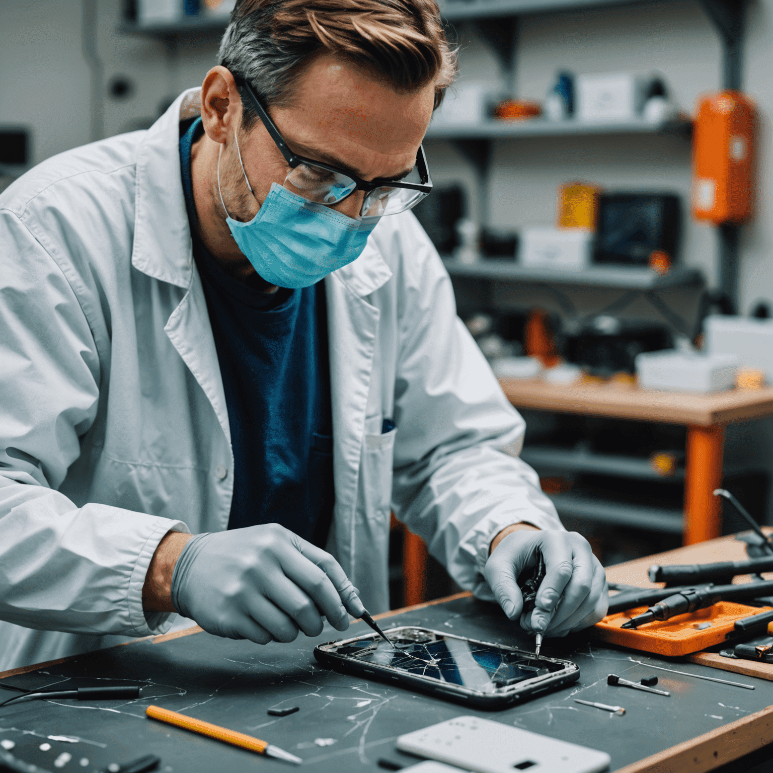 A technician carefully repairing a cracked smartphone screen, using precision tools and wearing protective gear. Various phone models are visible in the background.