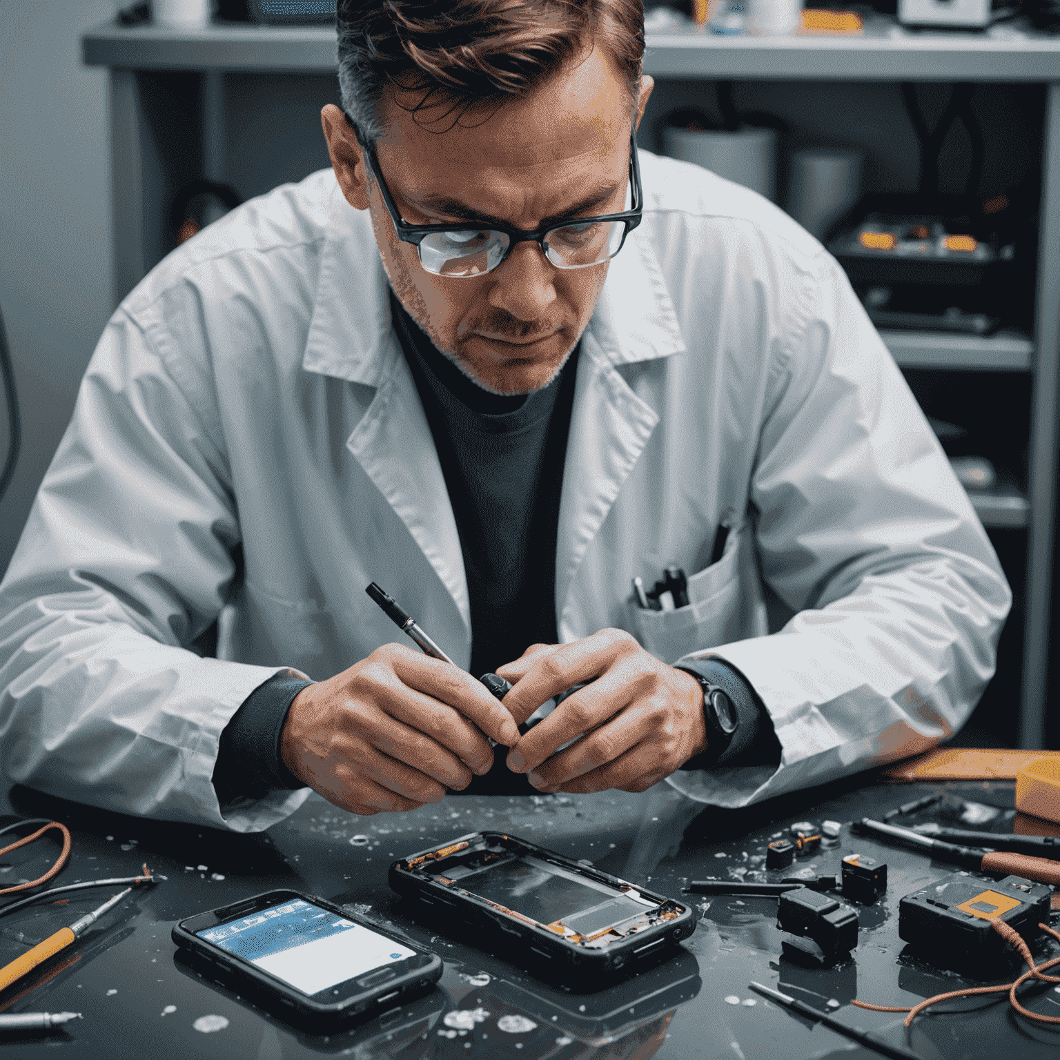 A technician carefully examining a water-damaged smartphone, using specialized tools and equipment to diagnose and treat the device