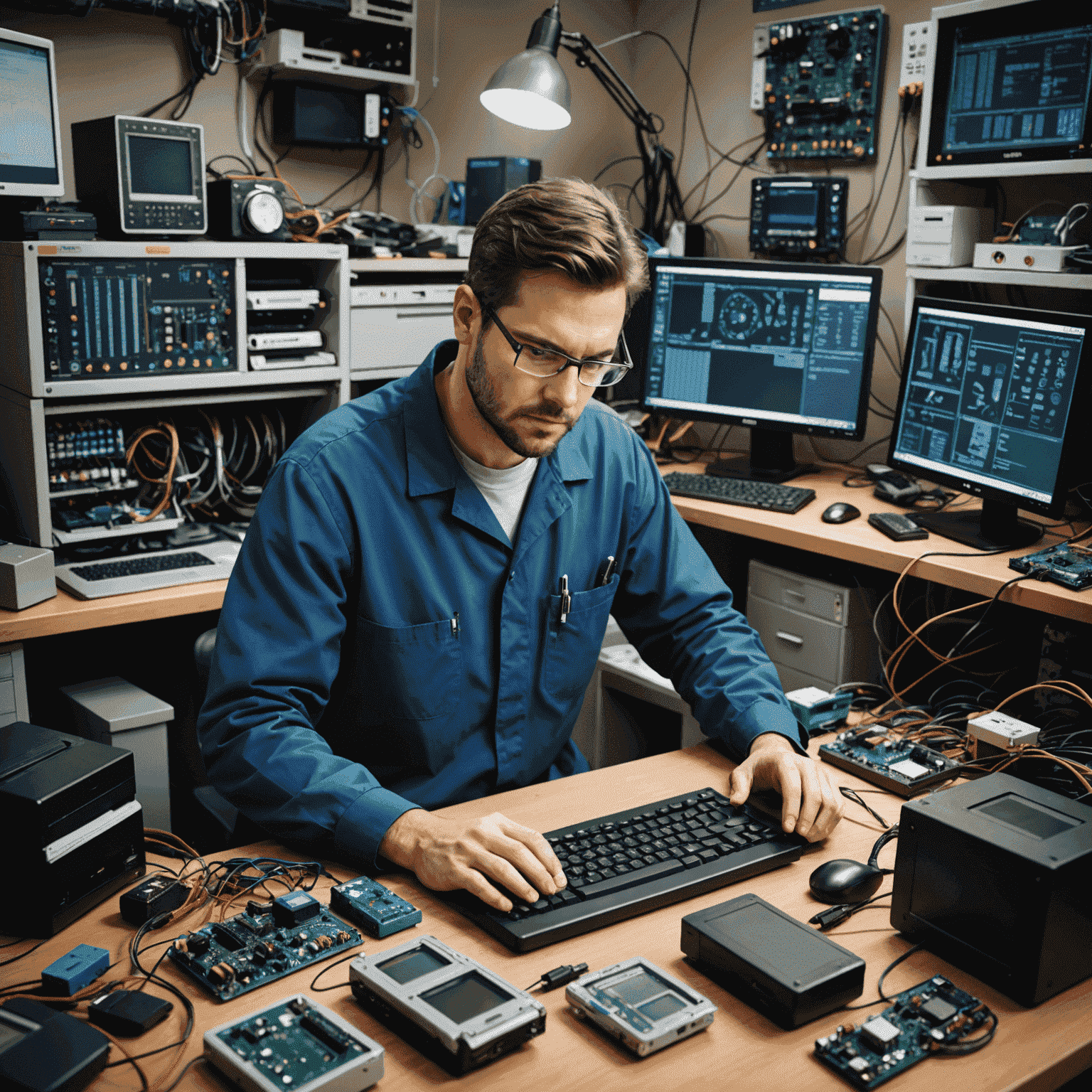 A technician working on a computer, surrounded by various devices and diagnostic tools. The image conveys the complexity of software troubleshooting.