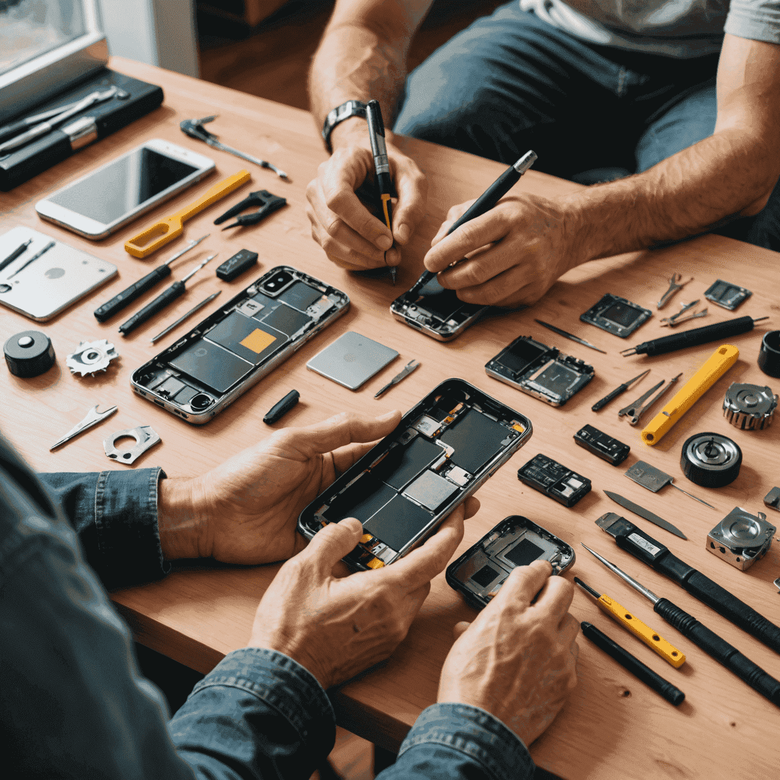 A person attempting to repair a smartphone at home with tools and a repair guide