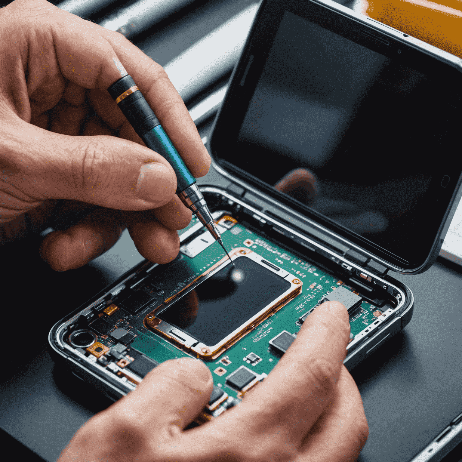 Close-up of a technician applying nano-coating to a smartphone's internal components