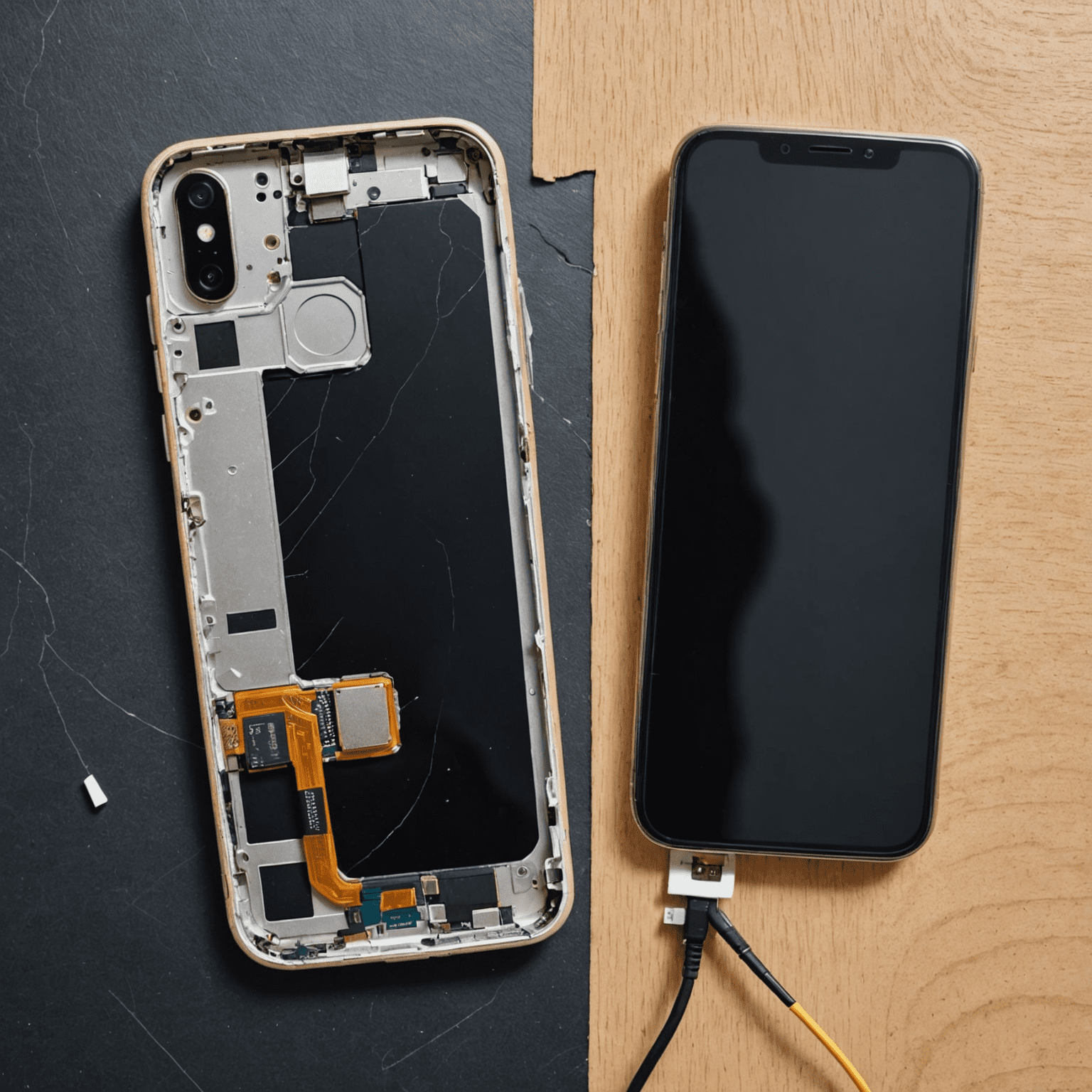 A split image showing a successfully repaired phone on one side and a damaged phone on the other, illustrating the potential outcomes of DIY repairs.