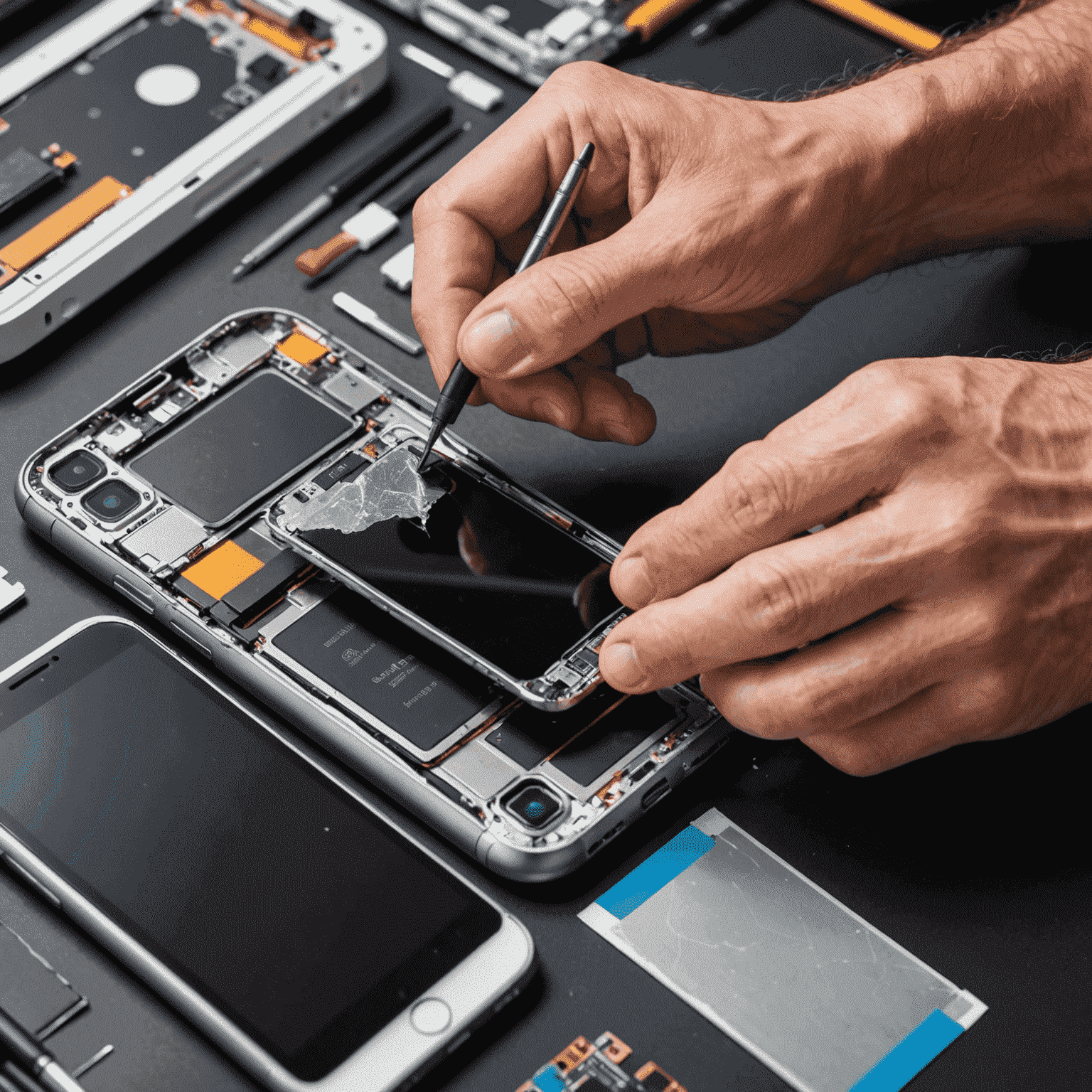 Close-up of a technician carefully replacing a cracked smartphone screen, with various screen replacement parts visible