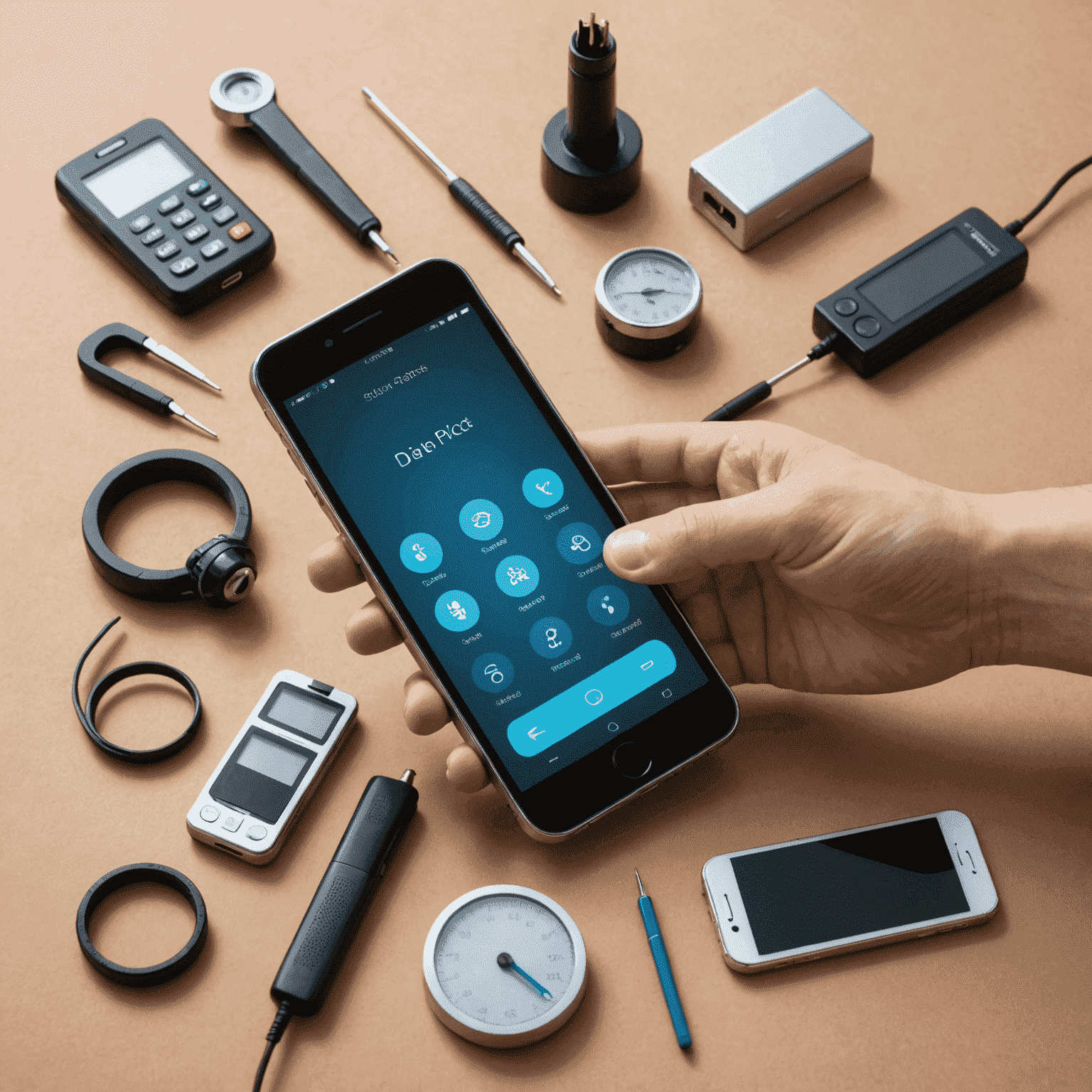 A step-by-step visual representation of the phone diagnostic process, showing a phone being examined at different stages with various tools and equipment.