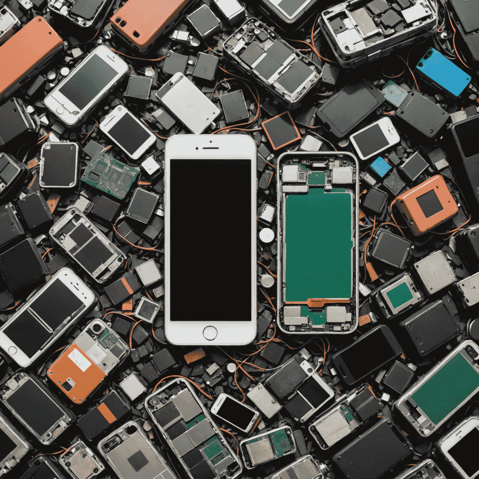 A split image showing a repaired phone next to a pile of electronic waste