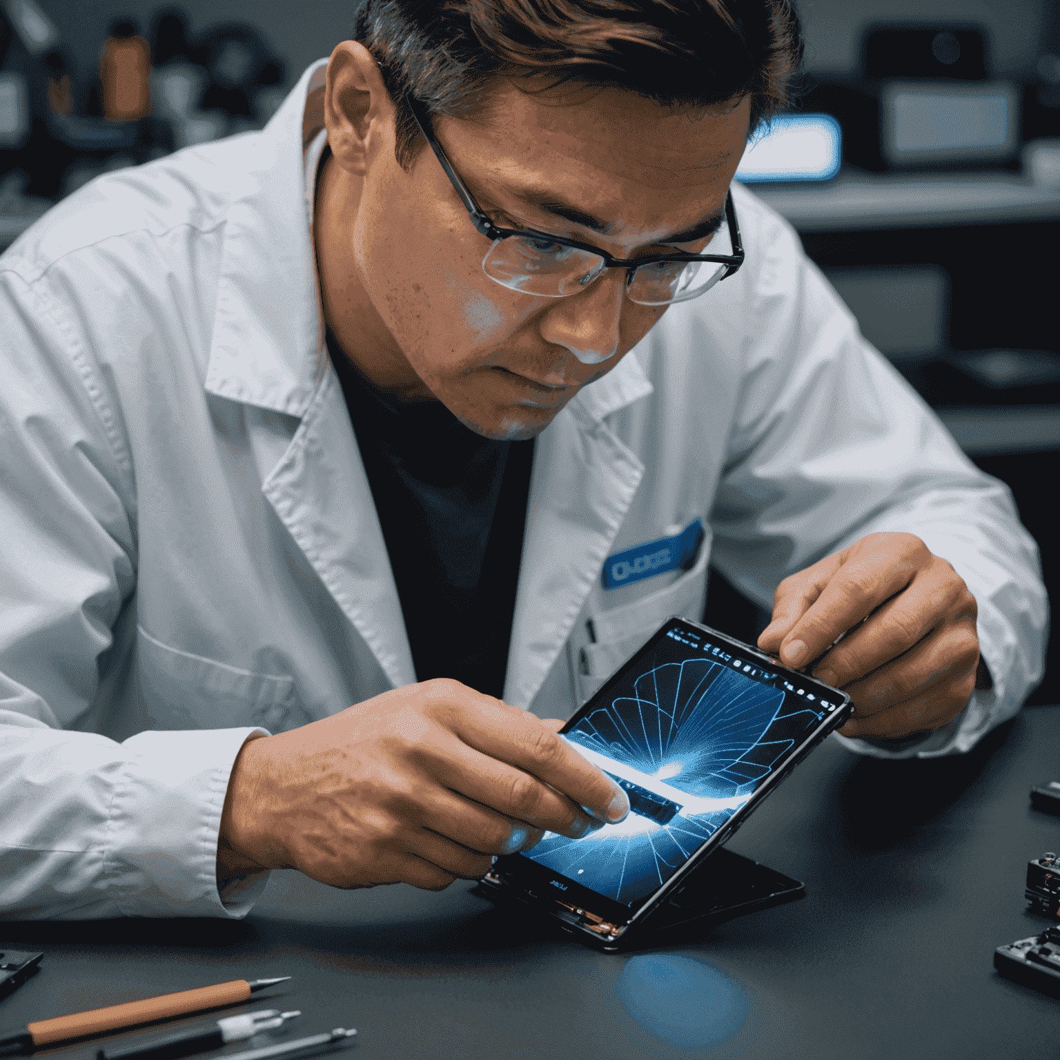 A technician carefully repairing a flexible OLED screen of a foldable smartphone