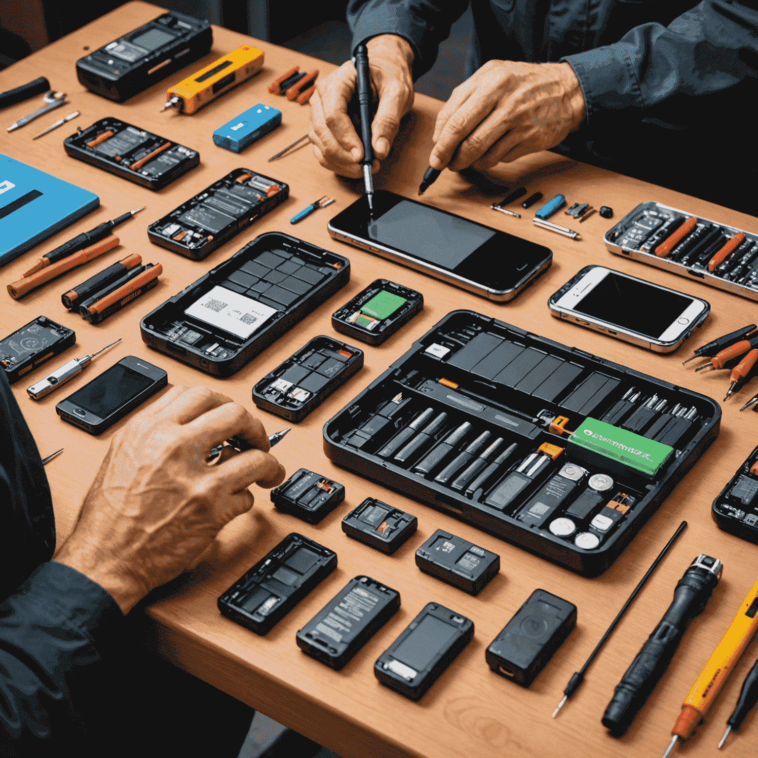 A technician replacing a smartphone battery, with various phone batteries and tools arranged neatly on the workbench