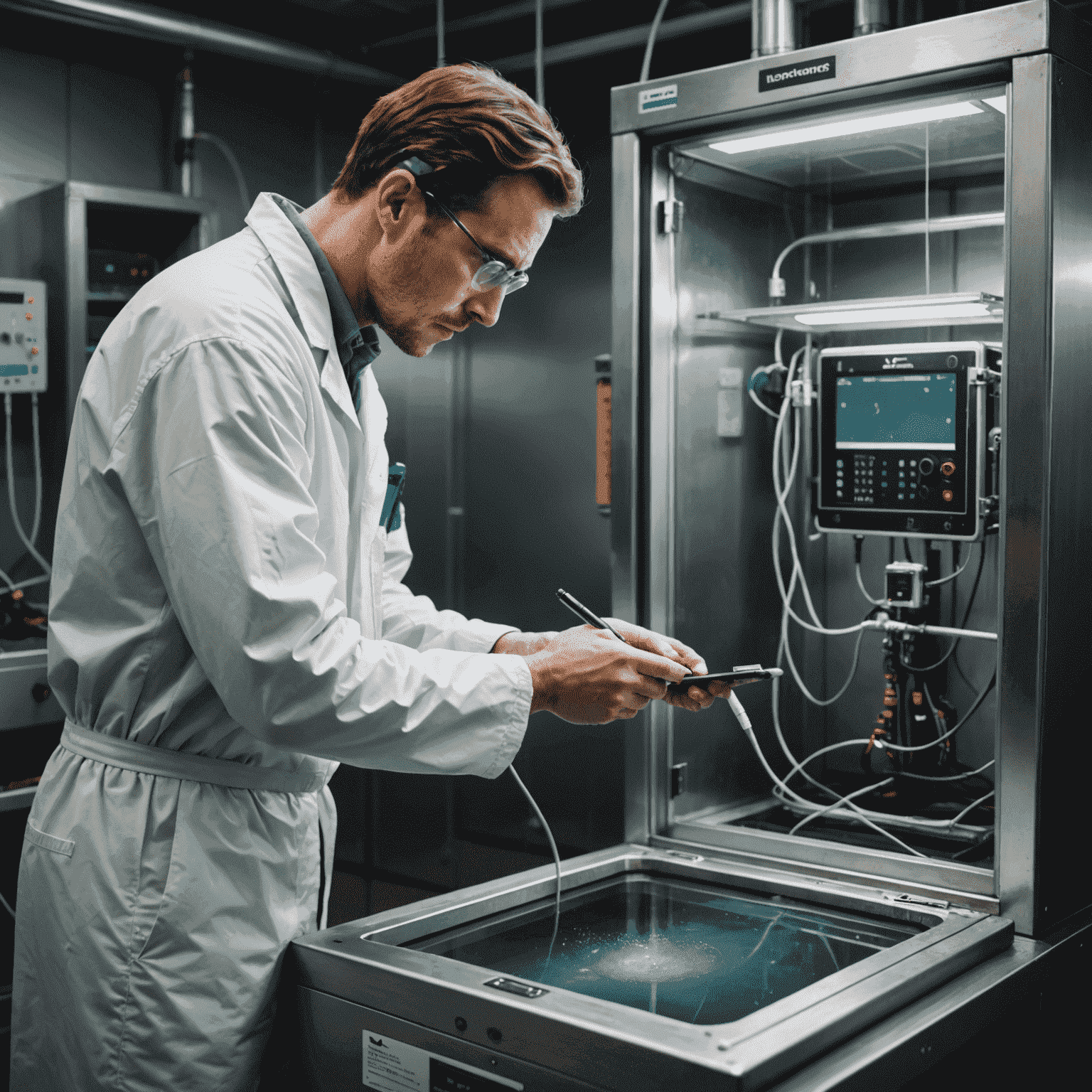 A water-damaged phone being treated in a specialized drying chamber, with a technician monitoring the process