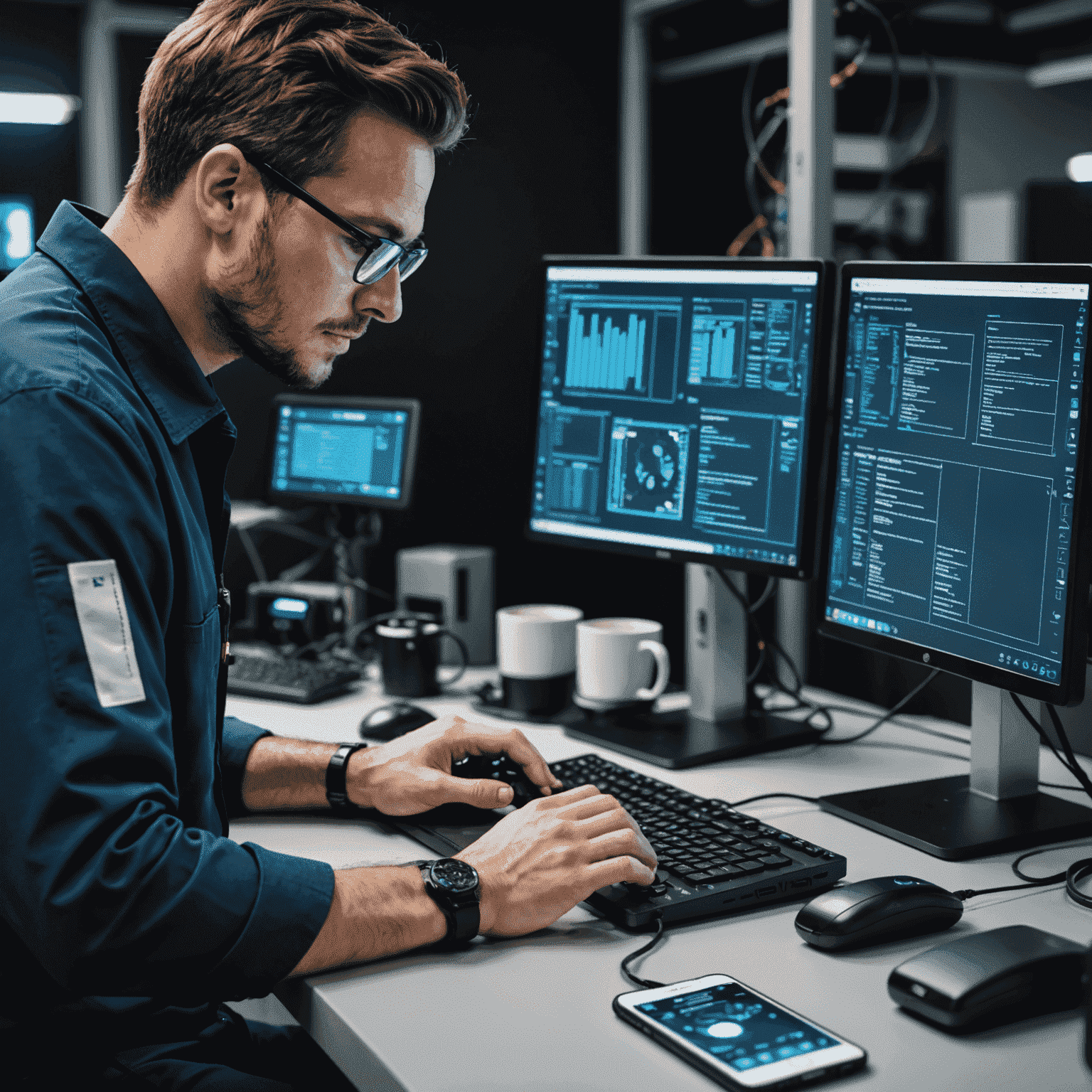 A technician working on a computer connected to multiple smartphones, with code and diagnostic information visible on the screen